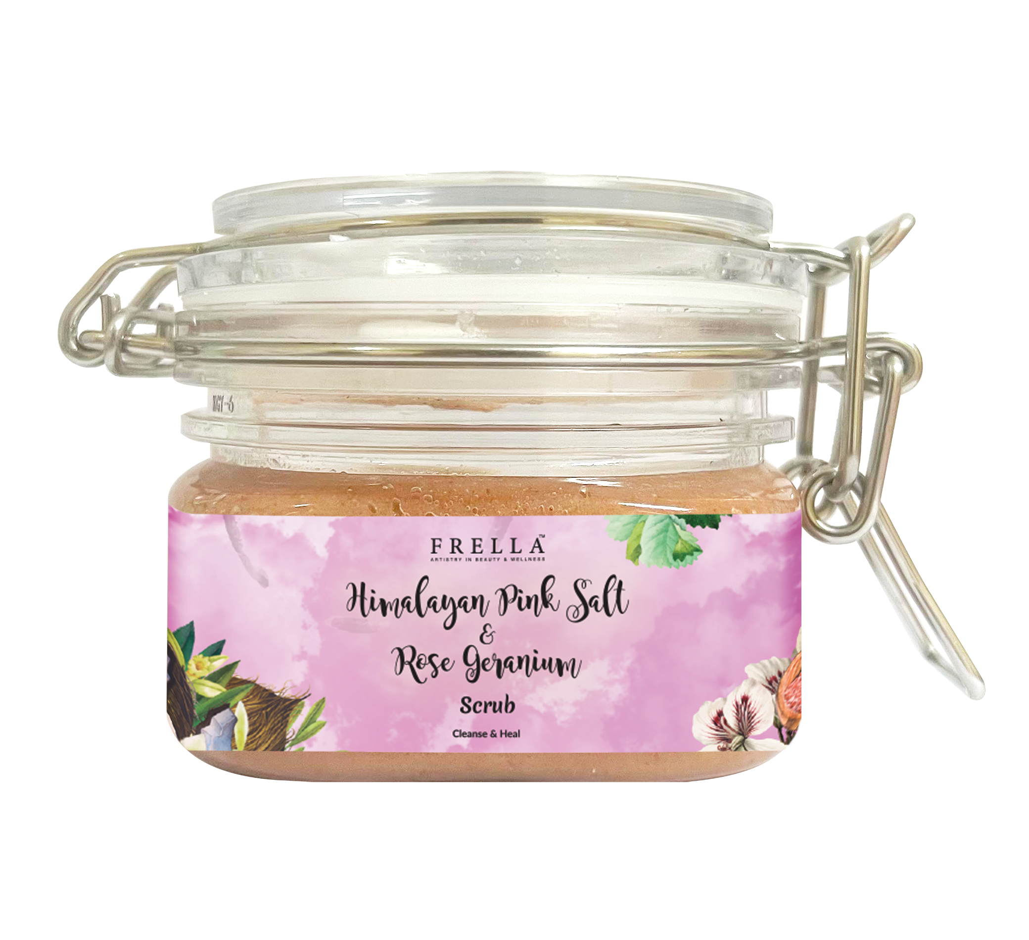 frella himalayan pink salt rose geranium scrub 150g